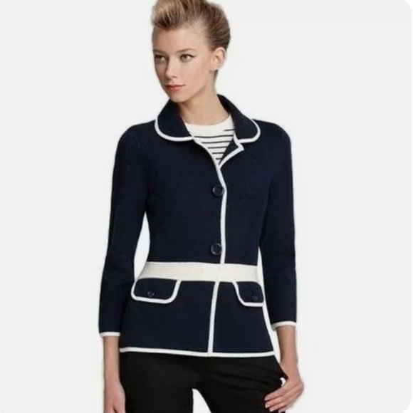 Kate Spade Mayson Wool Sweater Jacket in Midnight Navy and Cream Size 8 - Picture 10 of 10